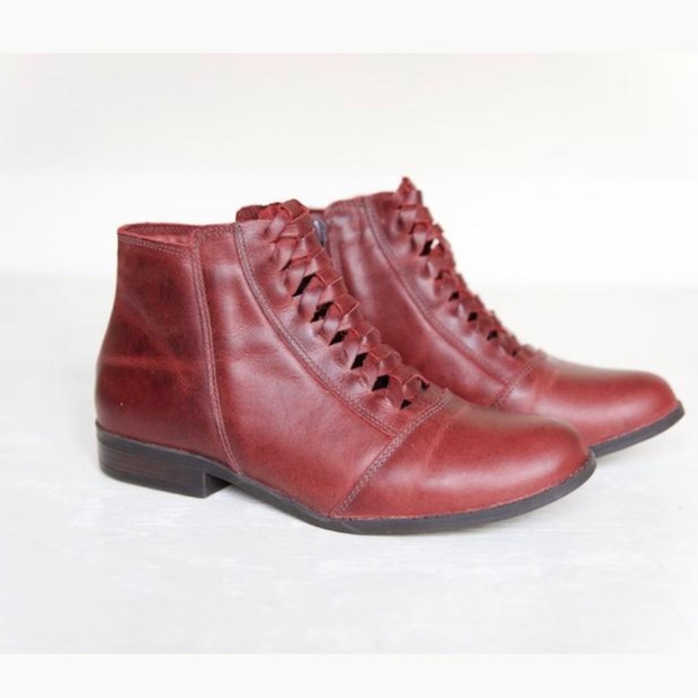 New Red Leather Boots with Braided Detail